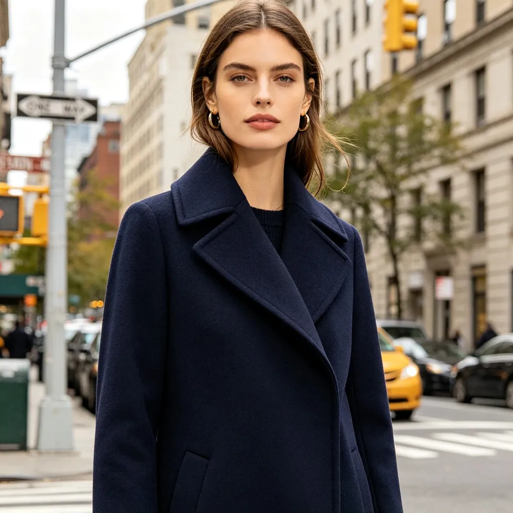Navy Blue Double-Breasted Wool Coat