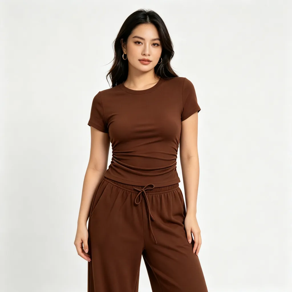 Brown Short-Sleeve Wide-Leg Pants Set