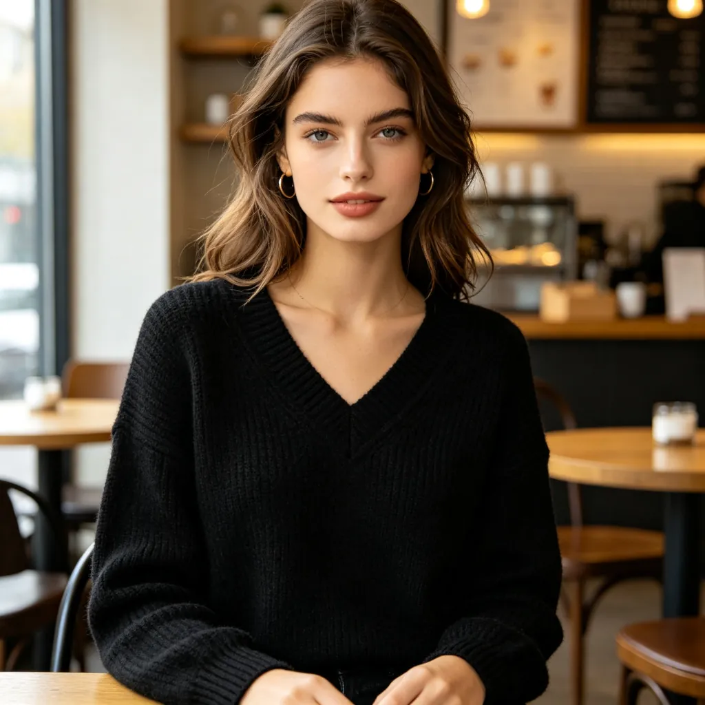 Black V-Neck Knit Sweater