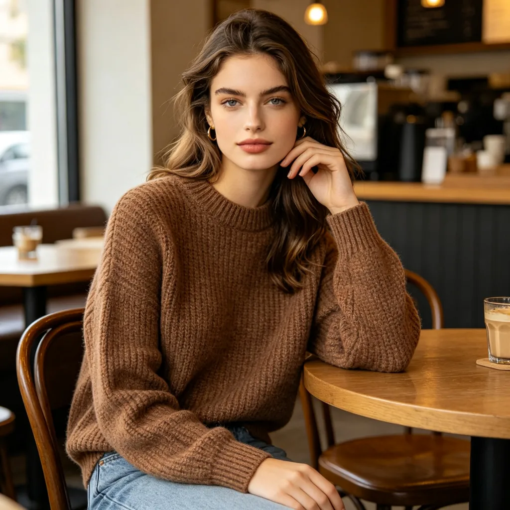 Coffee Brown Crew-Neck Knit Sweater
