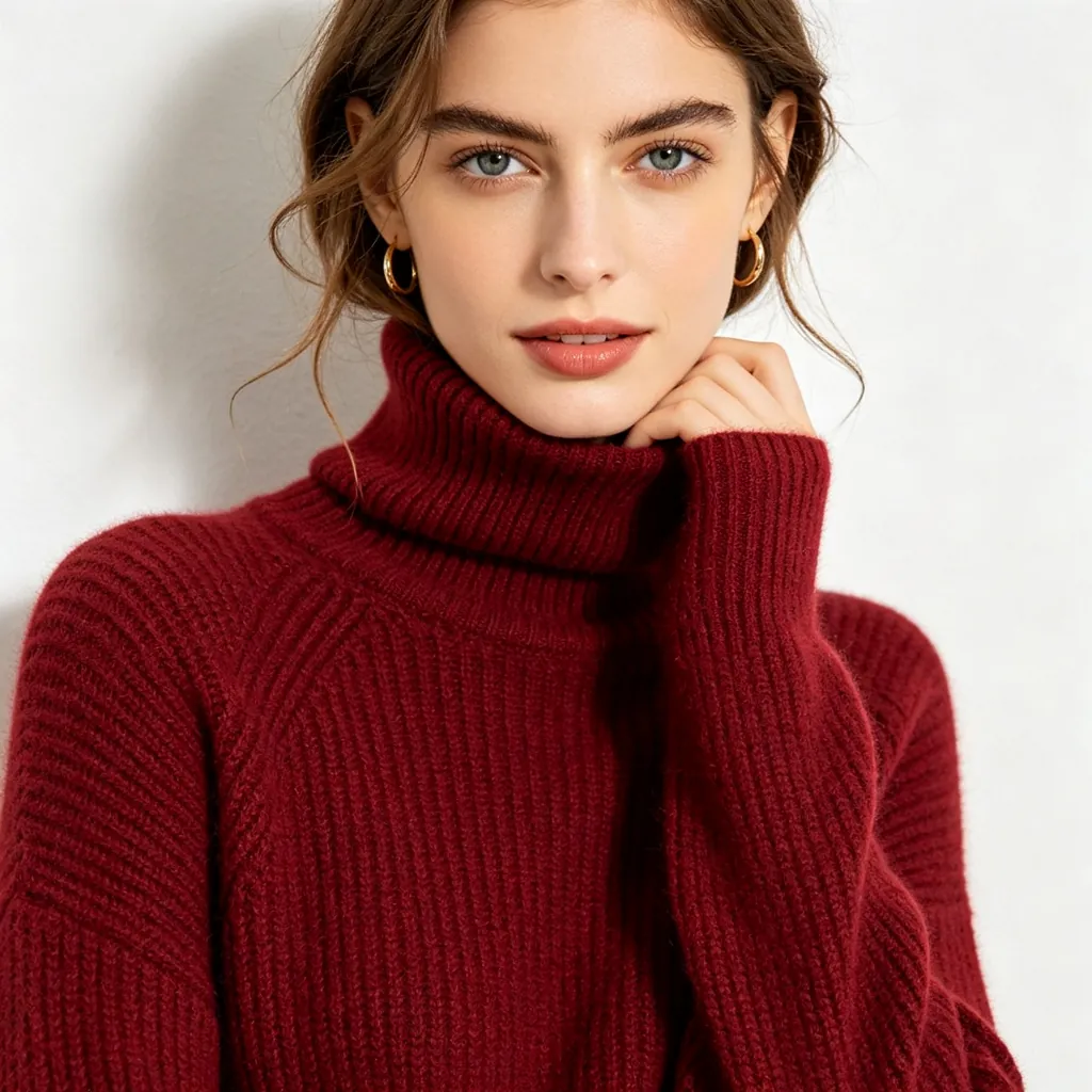 Burgundy Turtleneck Knit Sweater