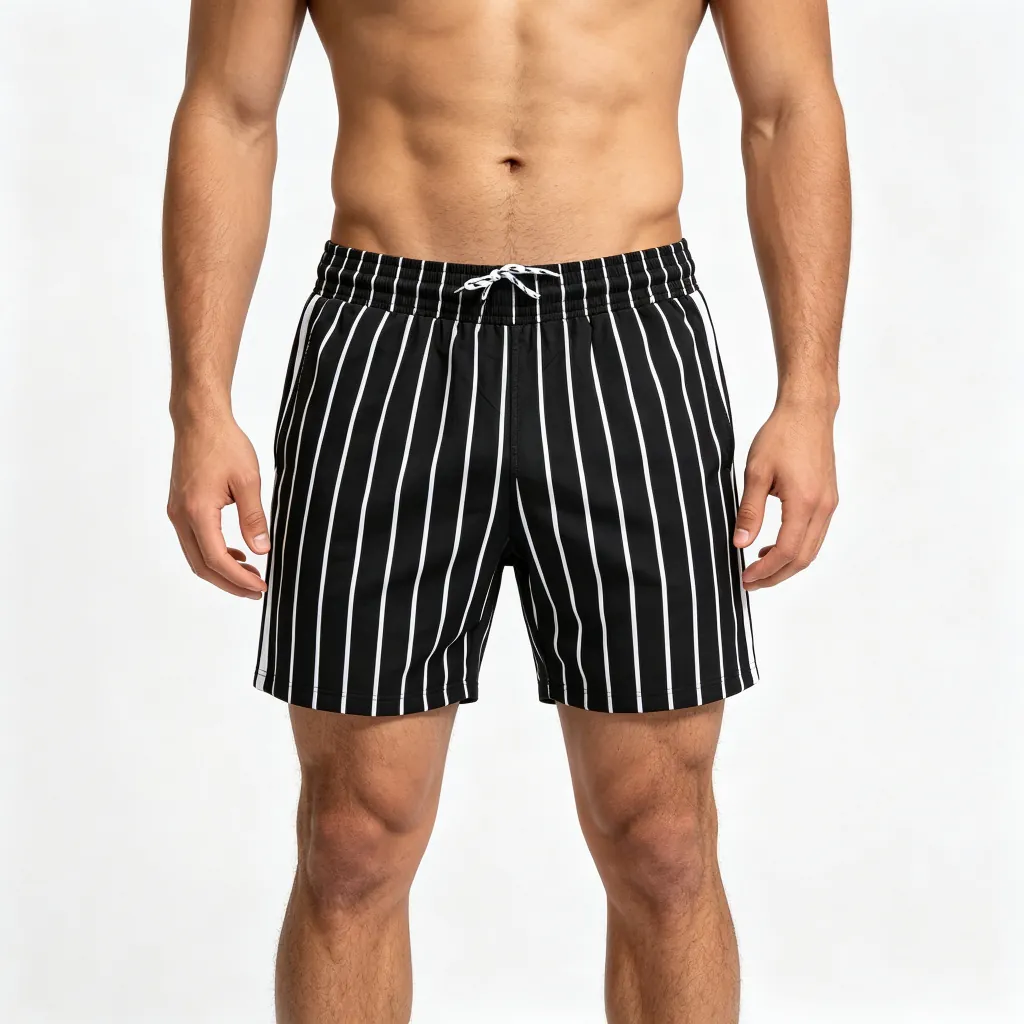 Black White-Striped Beach Shorts