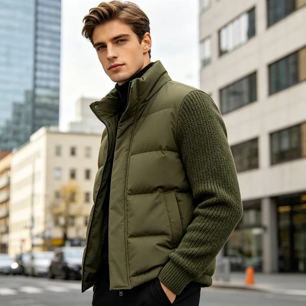 Army Green Knit Sleeve Stand Collar Down Jacket