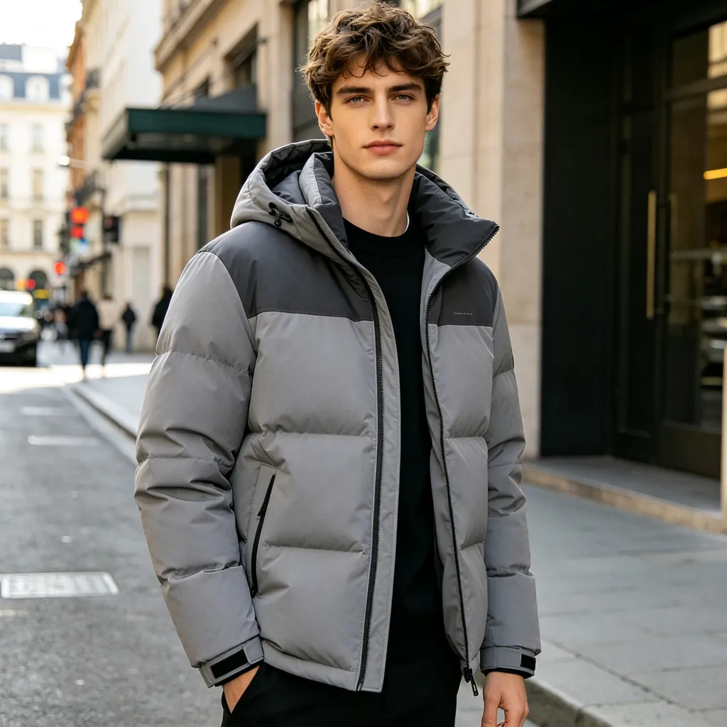 Gray Panelled Hooded Down Jacket