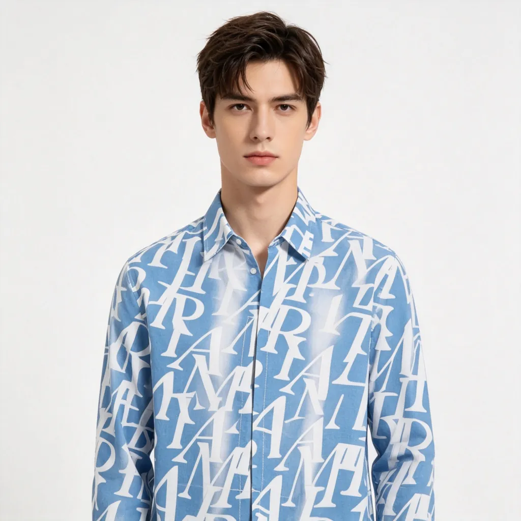 Blue Letter-Print Long-Sleeve Shirt