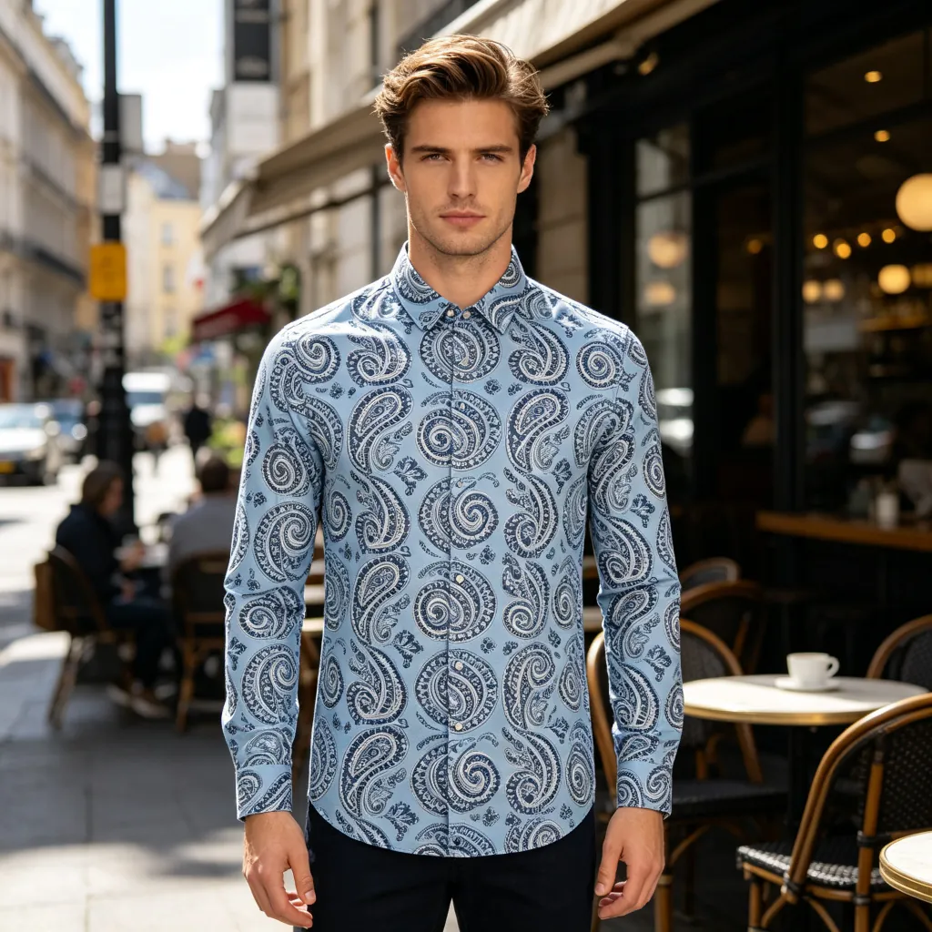 Light Blue Vintage Paisley Print Long Sleeve Shirt