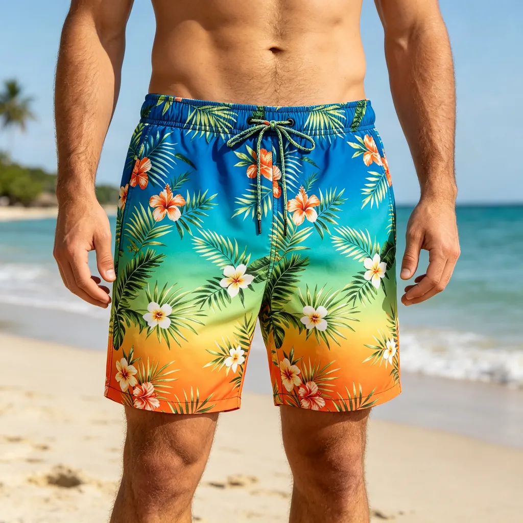 Colorful Gradient Tropical Print Beach Shorts