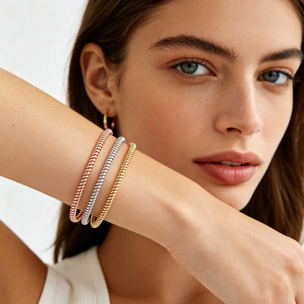 Tri-Tone Alloy (Non-Precious Metal) Slim Screw Bracelet Set