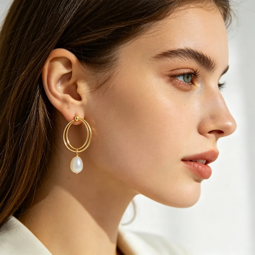 Gold-Tone Alloy (Non-Precious Metal) Mother-of-Pearl Double Hoop Earrings