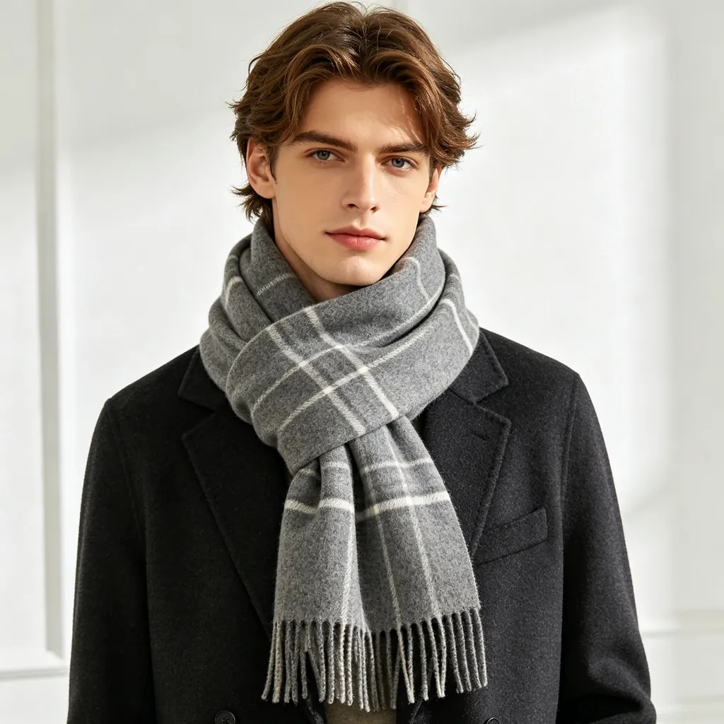 Gray Plaid Wool Scarf