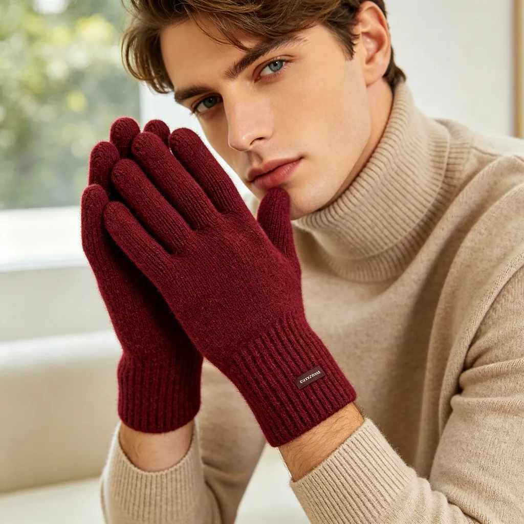 Burgundy Wool Knit Gloves