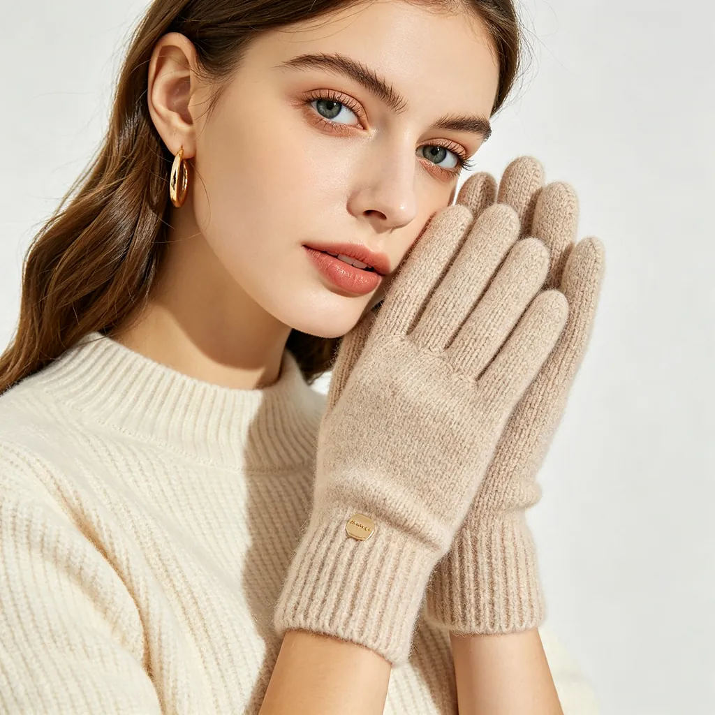Beige Wool Knit Gloves
