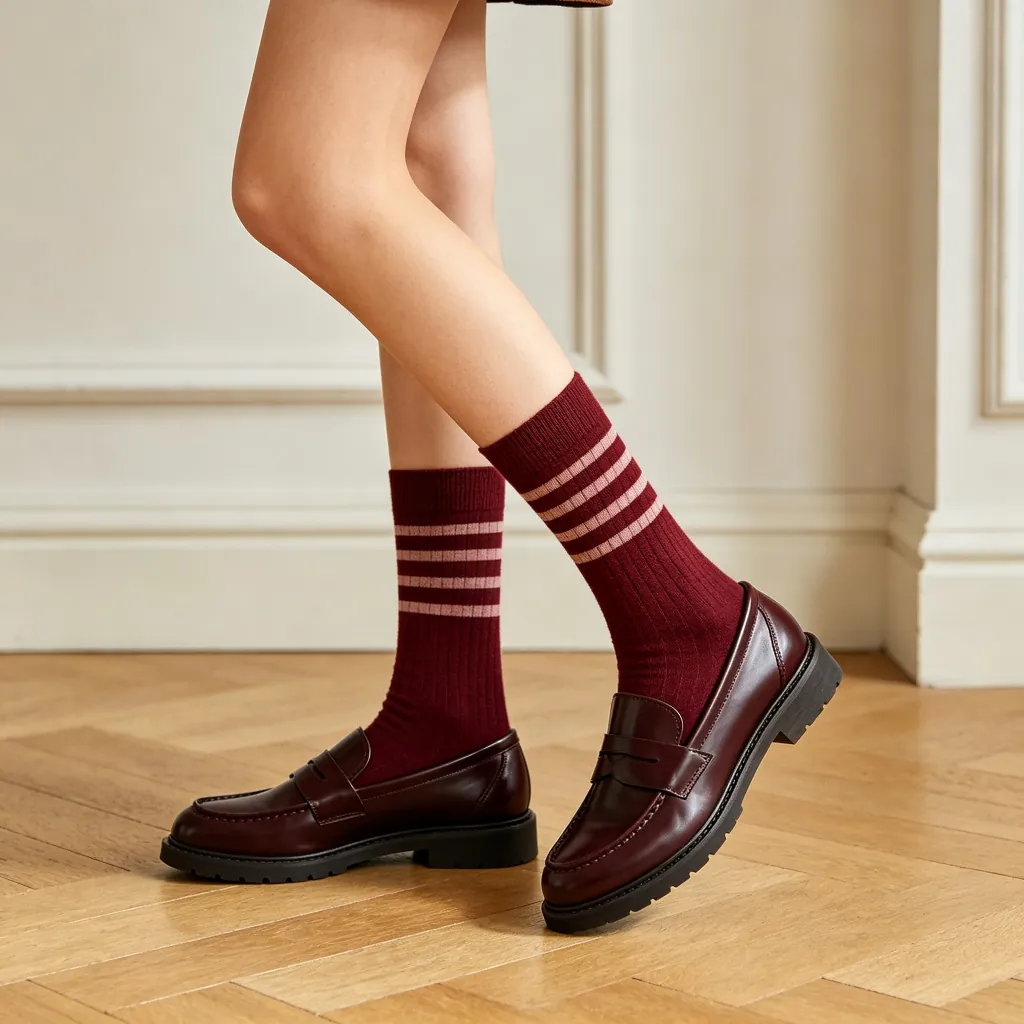 Burgundy Striped Crew Socks