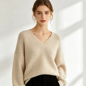 Beige V-Neck Knit Sweater