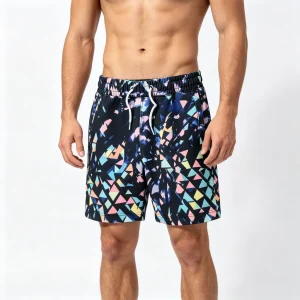 Black Geometric-Print Beach Shorts