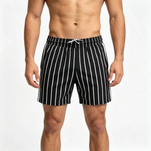 Black White-Striped Beach Shorts