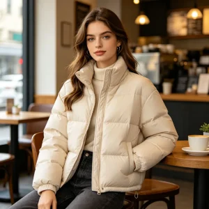 Beige Stand-Collar Down Jacket