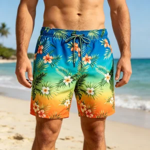 Colorful Gradient Tropical Print Beach Shorts
