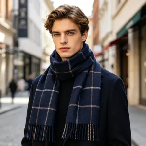 Navy Plaid Wool Scarf