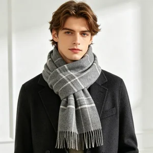 Gray Plaid Wool Scarf