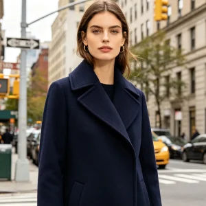 Navy Blue Double-Breasted Wool Coat